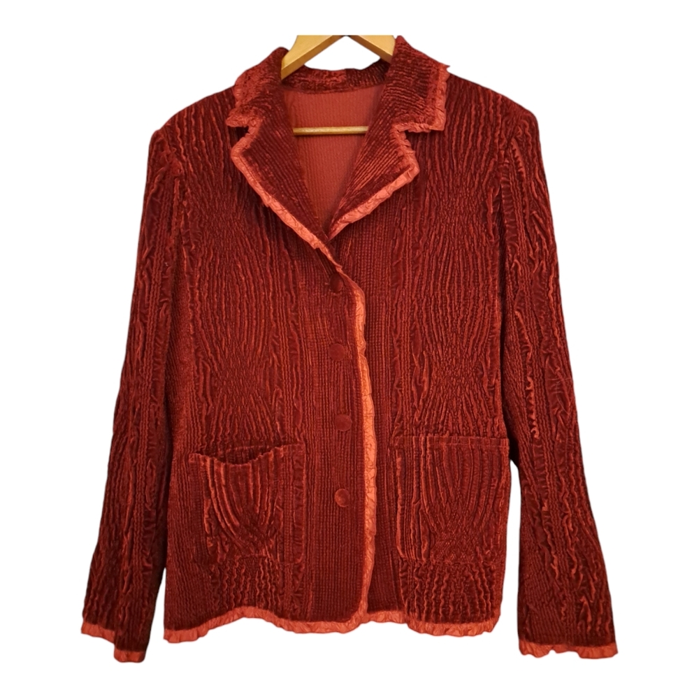 Vintage Deep Red Textured Velvet Blazer - Picture 2 of 5